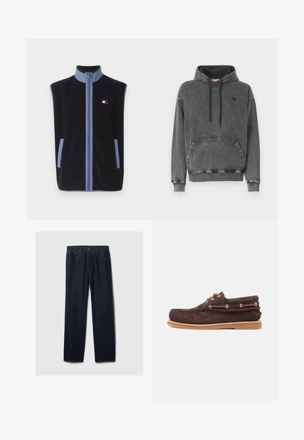 Schwarze Fleece-Weste mit hohem Kragen, die hellblaue Akzente und Taschen aufweist, mit einem durchgehenden Reißverschluss und einem kleinen Logo auf der Brust.; Grauer Denim-Kapuzensweatshirt mit einer Vordertasche, schwarzen Kordeln und einem dezenten Logo auf der Brust. Verfügt über gerippte Bündchen und Saum.; Dunkelblaue gerade geschnittene Jeans aus Denim mit Fünf-Taschen-Design, Knopfverschluss und sichtbaren Nähten auf einem schlichten hellen Hintergrund.; Braune Wildleder-Bootsschuhe mit Leder-Schnürsenkeln, goldenen Ösen, gesticktem Mokassin-Zehen und hellbrauner Gummisohle auf weißem Hintergrund.