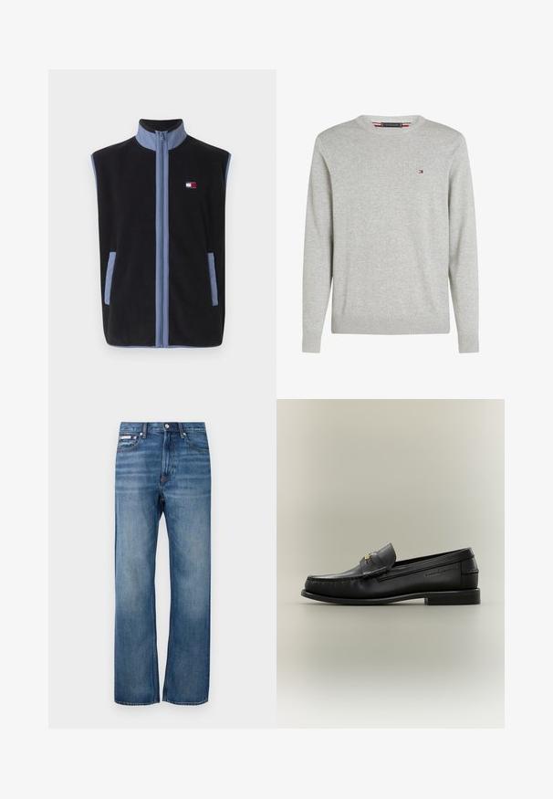 Sort fleece vest med høj krave, prydet med lyseblå detaljer og lommer, lynlåslukning foran, og et lille logo på brystet.; Lysegrå crewneck trøje med lange ærmer og lille rød, hvid og blå logo på venstre bryst.; Blå lige ben denim jeans med let bleget effekt, frontlukning med knap og et lille logo mærke på den højre forlommer.; Sort læder slip-on loafer med lav hæl, guldbeslag og præget mærkenavn på siden mod en neutral baggrund.