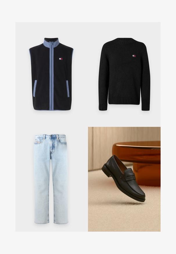 Zwarte fleece vest met hoge kraag, voorzien van lichtblauwe accenten en zakken, ritssluiting aan de voorkant en een klein logo op de borst.; Zwarte gebreide trui met een ronde hals, geribde manchetten en zoom, voorzien van een klein veelkleurig logo op de borst. Gemaakt van textuurstof.; Lichtblauwe denim jeans met een rechte pijp, vijf zakken en subtiele vervaging. Voorzien van een knoopsluiting en een lus voor een riem.; Zwarte leren herensloffen met een band over de bovenkant, getoond op een beige tapijt vlakbij een bruine moderne ronde tafel.