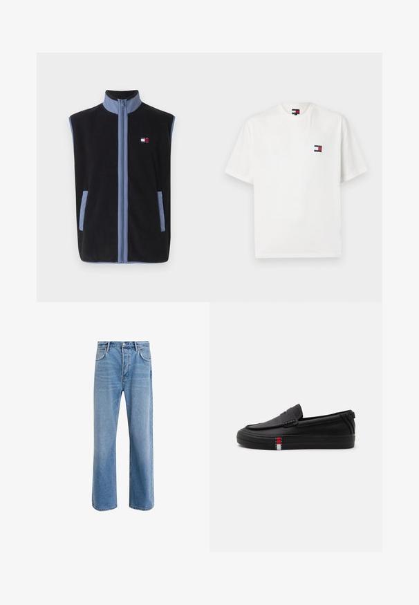 Sort fleece vest med høj krave, prydet med lyseblå detaljer og lommer, lynlåslukning foran, og et lille logo på brystet.; Hvid bomulds-T-shirt med et lille, rektangulært logo i rød, blå og sort på venstre bryst. Korte ærmer og rund halsudskæring.; Lyseblå denim jeans med lige ben-design, fem lommer, knaplukning, minimal falming og kontraststingdetaljer.; Sort slip-on loafer med tekstureret overdel, gummisål og lille rektangulært logoetiket på siden af sålen.