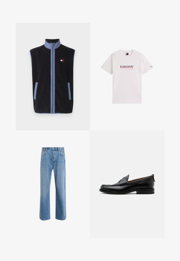 Schwarze Fleece-Weste mit hohem Kragen, die hellblaue Akzente und Taschen aufweist, mit einem durchgehenden Reißverschluss und einem kleinen Logo auf der Brust.; Weißes Kurzarm-T-Shirt mit "tommy JEANS" Logo in Rot und Blau auf der Vorderseite und kleinem besticktem Flaggenmotiv am linken Ärmel.; Helle blaue Jeans im Geradeschnitt-Design, mit fünf Taschen, Knopfverschluss, minimaler Ausbleichung und kontrastierenden Nähdetails.; Schwarzer Leder-Herrenschuh mit Mokassinnaht, Penny-Riemen, strukturiertem Kragen und niedrigem gestapeltem Absatz auf weißem Hintergrund.