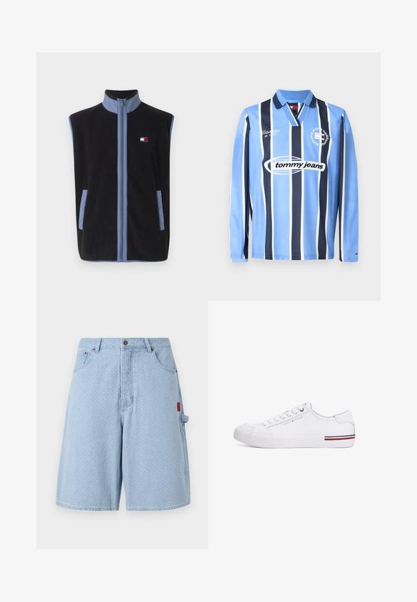 Chaleco de forro polar negro con cuello alto, con detalles en azul claro y bolsillos, cierre frontal con cremallera y un pequeño logo en el pecho.; Camisa polo de manga larga en azul claro con rayas verticales en azul marino, con cuello en V, detalles en blanco y logo de "tommy jeans" en el pecho.; Shorts de mezclilla azul claro con un patrón texturizado, dos bolsillos frontales y un bolsillo lateral con un detalle de etiqueta roja.; Zapatilla blanca con un upper sintético suave, puntera redondeada, parte delantera con cordones y detalle del logo. Presenta un acento de rayas multicolores en la suela.