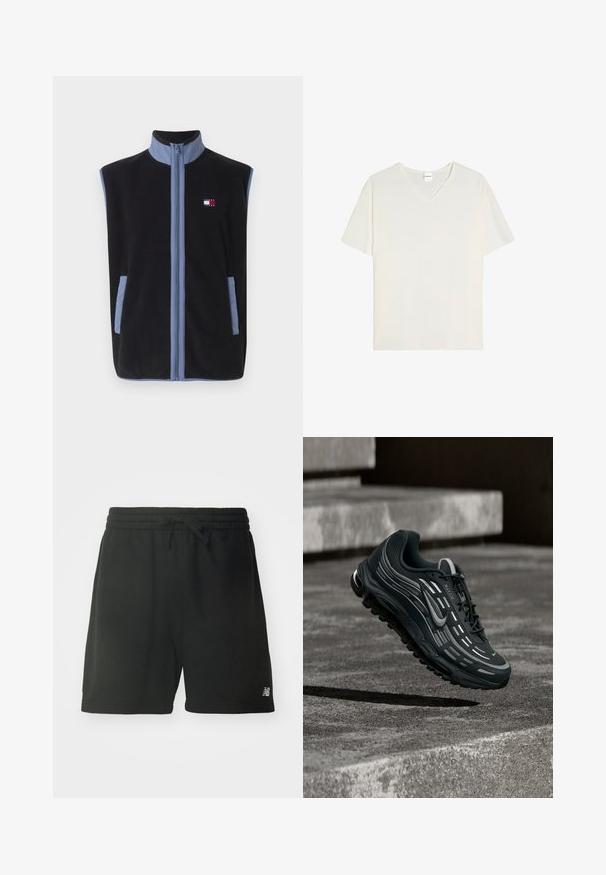 Sort fleece vest med høj krave, prydet med lyseblå detaljer og lommer, lynlåslukning foran, og et lille logo på brystet.; Simpel hvid kortærmet V-hals T-shirt med en lille række malerier nær halsudskæringen, vist på en hvid baggrund.; Sorte bomulds sportsbukser med elastisk talje, justerbar snøre og logo detajle på nederste venstre ben. Glat tekstur.; Sort og grå Nike Air Max sneaker, der flyder over grå betontrin med tekstureret jordbaggrund.