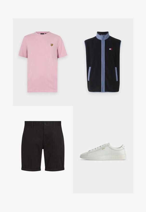 Gilet en polaire noir avec un col montant, présentant des accents bleu clair et des poches, fermeture zippée à l'avant et un petit logo sur la poitrine.; T-shirt rose à manches courtes en tissu doux, avec un petit logo de papillon jaune brodé sur la poitrine gauche.; Shorts noirs à coupe droite, fermeture à bouton, poches avant et ourlets roulés. Fabriqués dans un tissu léger, adaptés à un usage décontracté.; Baskets basses blanches en cuir avec lacets, semelle plate et petit logo doré "BOSS" sur le côté, vues de l'extérieur.