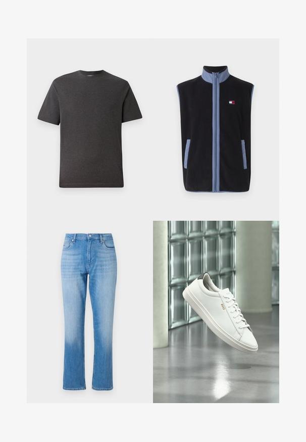 Zwarte fleece vest met hoge kraag, voorzien van lichtblauwe accenten en zakken, ritssluiting aan de voorkant en een klein logo op de borst.; Grijze t-shirt met korte mouwen, gemaakt van een zachte, lichte stof, met een ronde hals en minimale naden. Geschikt voor casual gebruik.; Lichtblauwe spijkerbroek met een recht pootontwerp, voorzien van een klassieke vijf-pocketstijl, knoopsluiting en subtiele vervaging dicht bij de zoom.; Witte leren lage sneaker met veters, zwarte hielstrook en "BOSS"-logo, zwevend binnenshuis bij een glazen stenen muur en gepolijste vloer.