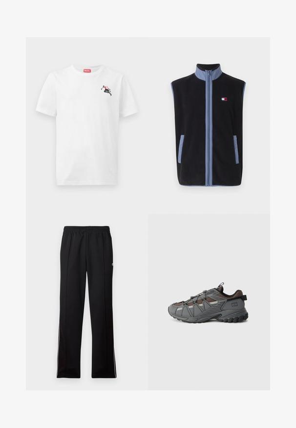 Gilet en polaire noir avec un col montant, présentant des accents bleu clair et des poches, fermeture zippée à l'avant et un petit logo sur la poitrine.; T-shirt en coton blanc avec un petit motif noir et rouge sur le côté gauche de la poitrine et une étiquette logo rouge au niveau de l'encolure. Manches courtes, col rond.; Pantalon de sport noir à longueur complète avec taille élastique et rayures blanches sur les côtés, arborant un petit logo vert sur le côté supérieur.; Sneaker d'athlétisme gris et marron avec semelle robuste, languettes noires et logo au talon, présenté en profil latéral sur fond blanc.