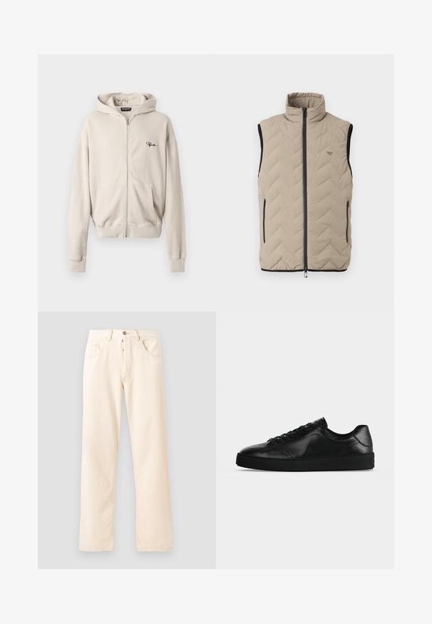 Beige mouwloze gewatteerde bodywarmer met hoge kraag, zwarte ritssluiting in het midden, twee met rits afsluitbare zijzakken en subtiel chevronstikselpatroon.; Beige ritsjack in ribbelstof, met een voorzak, zachte textuur en een klein zwart logo op de linkerkant van de borst.; Lichtbeige denim jeans met een rechte pijp, vijf zakken en een sluiting met een knoop aan de voorkant. Stiksel zichtbaar langs de naden.; Zwart leren sneaker met lage schacht, veters aan de voorkant en een getextureerde platte zool, zijaanzicht op een neutrale achtergrond.