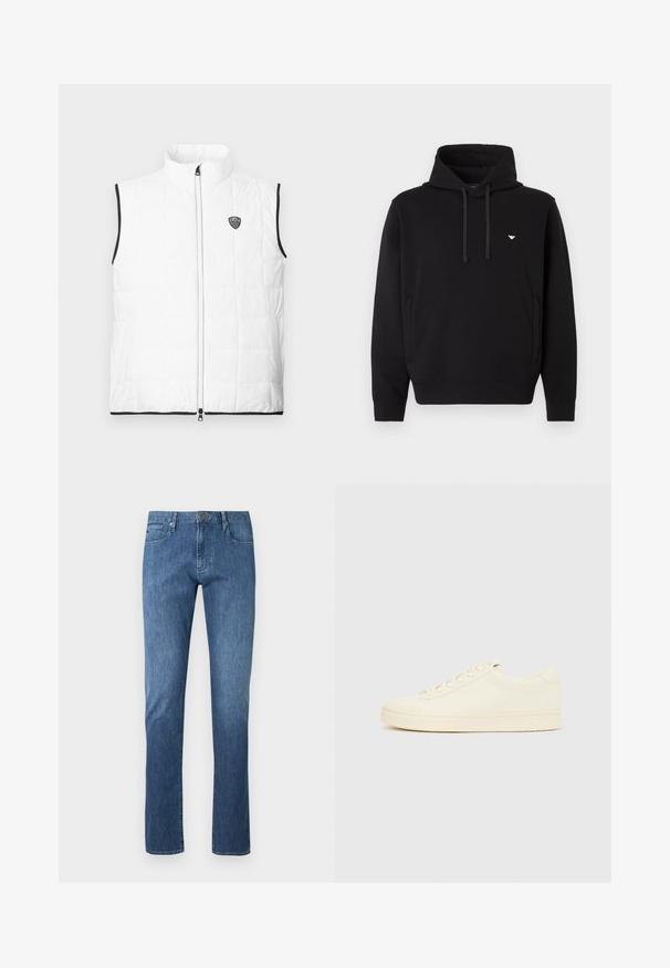 White sleeveless quilted vest with a stand-up collar, black trim on armholes and hem, front zipper, and small EA7 logo on the chest.; Black hoodie made of soft fabric, featuring a drawstring hood, kangaroo pocket, and a small gold logo on the chest.; Blue denim jeans, straight-leg design, five-pocket style, light fading on front, metal button closure, stitched accents, and classic finish.; Cream-colored sneaker with a smooth leather upper, rounded toe, lace-up front, and a textured rubber sole. Minimalist design, no logos.