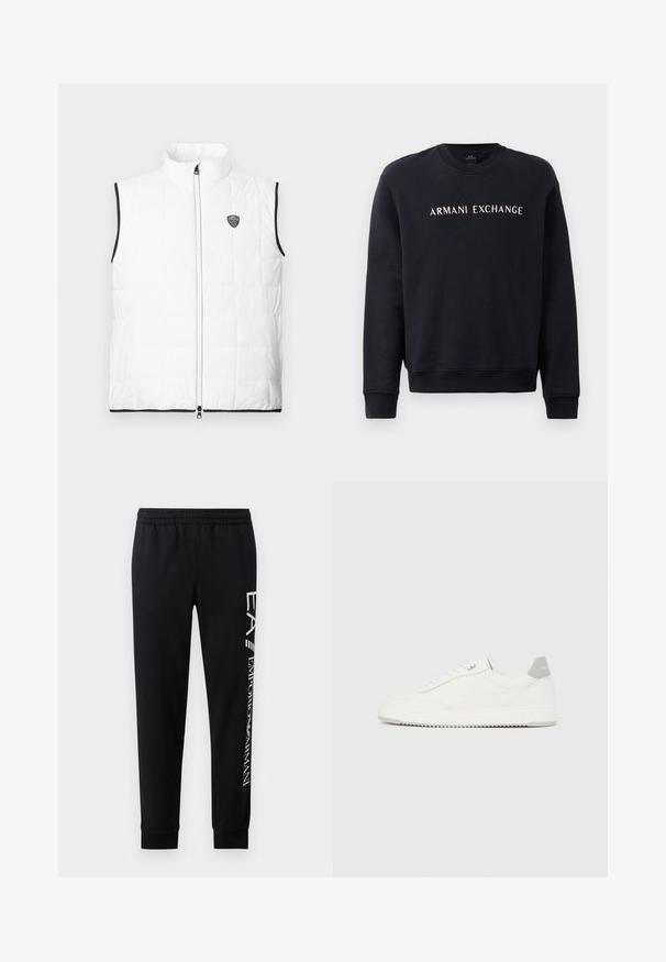 Chaleco acolchado blanco sin mangas con cuello alto, ribete negro en las sisas y el dobladillo, cremallera frontal y pequeño logo EA7 en el pecho.; Sudadera negra con cuello redondo, puños y dobladillo acanalados, con el logotipo "ARMANI EXCHANGE" en blanco en el pecho.; Pantalones de chándal negros hechos de una mezcla de algodón, con una cinturilla elástica, piernas estrechas, puños acanalados y estampado de logo blanco en el lateral.; Zapatilla blanca de corte bajo con pestaña en el talón gris, cordones blancos y suela texturizada, presentada sobre un fondo claro y liso.