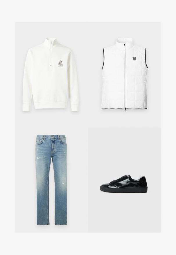 Veste matelassée blanche sans manches avec col montant, bordure noire aux emmanchures et à l'ourlet, fermeture éclair à l'avant et petit logo EA7 sur la poitrine.; Sweat-shirt blanc à zip, fabriqué en tissu doux. Il présente un petit logo marron sur la poitrine gauche et un ourlet et des poignets côtelés.; Jean en denim bleu clair avec une coupe droite, présentant des zones délavées et de petites déchirures. Design classique à cinq poches et passants pour ceinture.; Baskets en cuir verni noir avec un bout arrondi, un laçage, une semelle en caoutchouc texturé et une finition lisse.