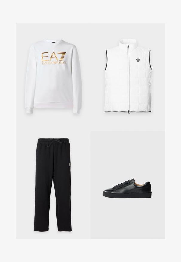 Witte mouwloze gewatteerde bodywarmer met een opstaande kraag, zwarte biezen bij de armgaten en zoom, een rits aan de voorkant en een klein EA7-logo op de borst.; Witte sweatshirt van katoen met lange mouwen en een ronde halslijn. Heeft een metallic gouden logo "EA7 EMPORIO ARMANI" op de voorkant.; Zwarte joggingbroek met elastische tailleband en trekkoord, met een kleine rechthoekige EA7-logo patch op de bovenkant van de linker dij.; Zwarte leren sneaker met een gladde textuur, ronde neus en vetersluiting. Heeft een dikke rubberen zool en minimale merkaanpassing.
