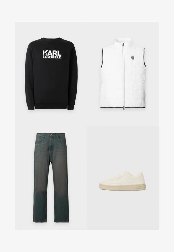 Hvid, ærmeløs, quiltet vest med opretstående krave, sort kant ved armhuler og kant, lynlås foran og lille EA7-logo på brystet.; Sort sweatshirts lavet af bomuld, med rund halsudskæring og ribbede manchetter. Den har et hvidt grafisk logo på forsiden.; Mørkegrønne denimjeans med lige ben, der har et klassisk design med fem lommer og kontrastsyninger langs sømmene.; Hvide kanvas sneakers med en tekstureret gummisål, der har en syet tåhætte og logoaccent på hælen. Simpel snørebåndsdesign.