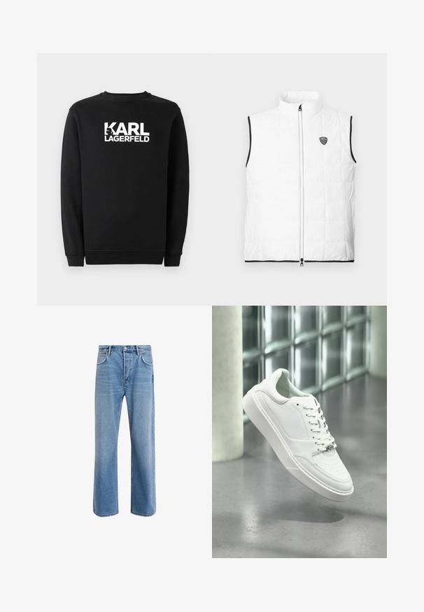 Hvid, ærmeløs, quiltet vest med opretstående krave, sort kant ved armhuler og kant, lynlås foran og lille EA7-logo på brystet.; Sort sweatshirts lavet af bomuld, med rund halsudskæring og ribbede manchetter. Den har et hvidt grafisk logo på forsiden.; Lyseblå denim jeans med lige ben-design, fem lommer, knaplukning, minimal falming og kontraststingdetaljer.; Hvid sneakers i læder med rundet snude, snørelukning foran og flad gummisål. Har perforerede detaljer og subtilt logoaccent.