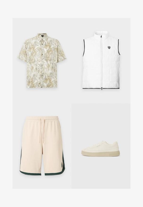 Veste matelassée blanche sans manches avec col montant, bordure noire aux emmanchures et à l'ourlet, fermeture éclair à l'avant et petit logo EA7 sur la poitrine.; Chemise à manches courtes en beige clair avec un motif de feuilles de palmier. Dotée d'un col, d'une fermeture à boutons et d'une texture de tissu douce.; Shorts en coton beige avec une taille élastique, un cordon de serrage et des accents latéraux vert foncé. Présente un petit logo sur le bas à l'avant.; Baskets en toile blanches avec une semelle en caoutchouc texturée, présentant un capuchon de chaussure cousu et un accent de logo sur le talon. Design simple à lacets.