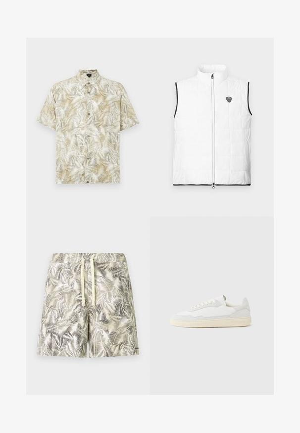 Veste matelassée blanche sans manches avec col montant, bordure noire aux emmanchures et à l'ourlet, fermeture éclair à l'avant et petit logo EA7 sur la poitrine.; Chemise à manches courtes en beige clair avec un motif de feuilles de palmier. Dotée d'un col, d'une fermeture à boutons et d'une texture de tissu douce.; Shorts de bain pour hommes en jaune clair avec un motif de feuilles noires. Dotés d'une taille à cordon de serrage et d'un tissu doux et léger.; Baskets blanches avec dessus en daim et cuir texturé. Caractérisées par un bout arrondi, une fermeture à lacets et une semelle en caoutchouc beige contrastante.