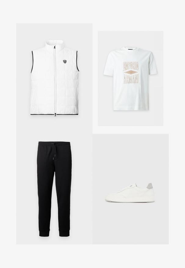 Veste matelassée blanche sans manches avec col montant, bordure noire aux emmanchures et à l'ourlet, fermeture éclair à l'avant et petit logo EA7 sur la poitrine.; T-shirt blanc à manches courtes avec texte "EMPORIO ARMANI" brodé en beige et logo au centre devant.; Pantalons de jogging noirs en tissu doux avec une taille élastique et un cordon de serrage. Présente des jambes fuselées avec des poignets côtelés.; Baskets basses blanches avec un onglet de talon gris, des lacets blancs et une semelle texturée, présentées sur un fond uni clair.