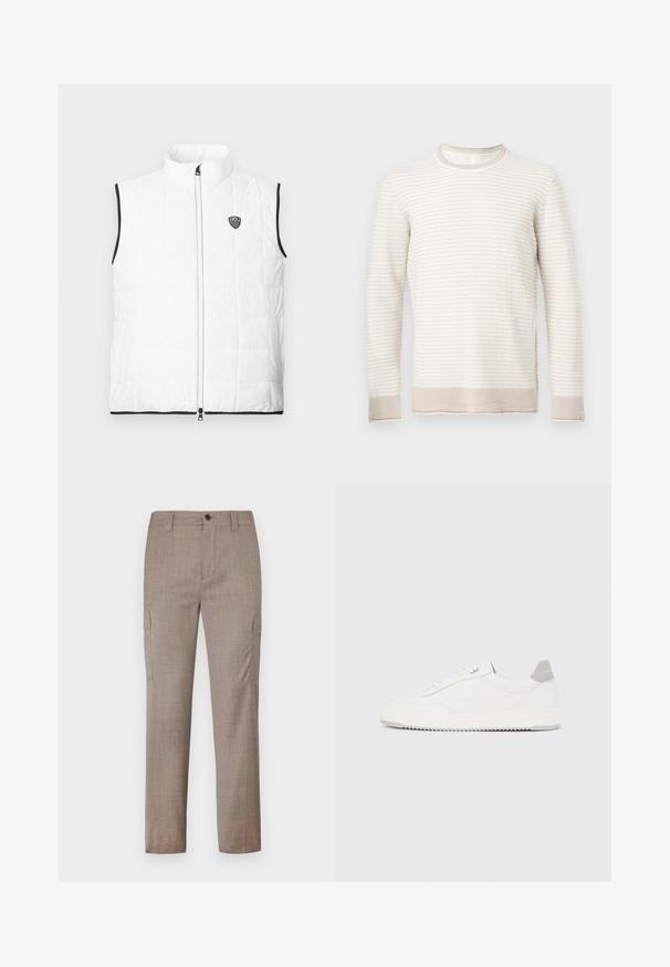 Hvid, ærmeløs, quiltet vest med opretstående krave, sort kant ved armhuler og kant, lynlås foran og lille EA7-logo på brystet.; Langærmet beige og off-white striktrøje med tekstureret horisontalt ribmønster, rund hals og ribstrikkede manchetter og kant.; Lysebrune cargo bukser i et tekstureret stof, med sidelommer og lige bendesign. Lukket med en frontknap og lynlås.; Hvid lavtop-sneaker med gråt hælflig, hvide snørebånd og tekstureret sål, vist på en ensfarvet lys baggrund.