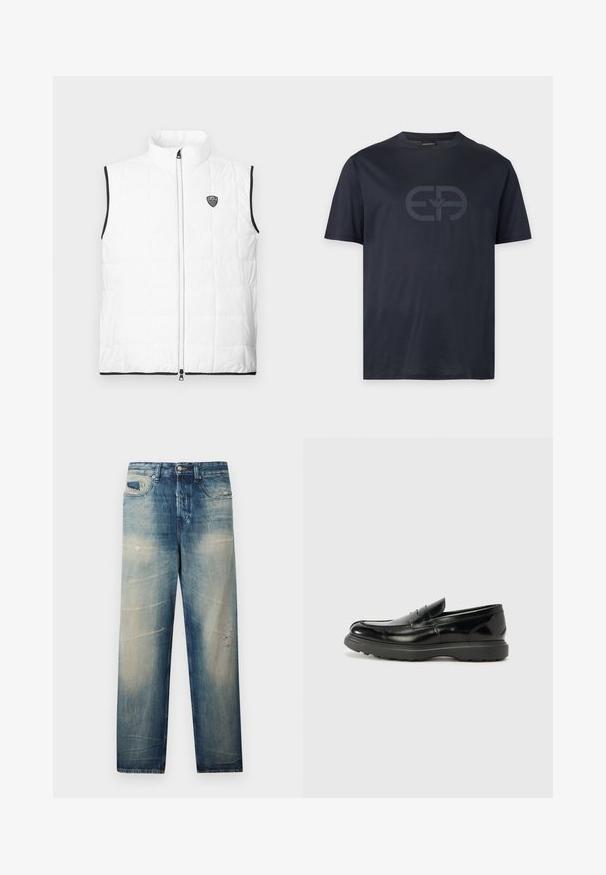 Veste matelassée blanche sans manches avec col montant, bordure noire aux emmanchures et à l'ourlet, fermeture éclair à l'avant et petit logo EA7 sur la poitrine.; T-shirt bleu marine foncé à manches courtes, col rond, avec un grand logo discret imprimé au centre devant.; Jean bleu délavé à jambe droite avec des détails usés et des poches avant, fermeture par bouton et fermeture éclair, présenté sur un fond uni.; Mocassin en cuir noir avec une finition brillante, bout arrondi, détails de couture subtils et semelle en caoutchouc épaisse pour la durabilité.