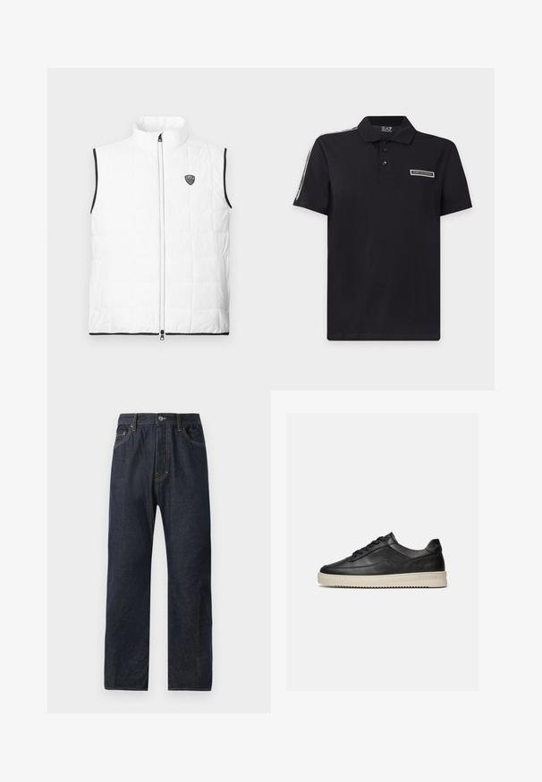 Weiße ärmellose gesteppte Weste mit Stehkragen, schwarzem Besatz an den Armöffnungen und am Saum, Frontreißverschluss und kleinem EA7-Logo auf der Brust.; Schwarzes kurzärmeliges Poloshirt mit drei Knöpfen, EA7 Emporio Armani Logo auf der Brust und markiertem Band entlang der Schulter.; Dunkelblaue Denim-Jeans mit geradem Bein, ausgestattet mit fünf Taschen, dezenten Nähten und einem Knopfverschluss am Bund.; Schwarzer flacher Ledersneaker mit schwarzen Schnürsenkeln und einer dicken, off-white Gummisohle, dargestellt vor weißem Hintergrund.