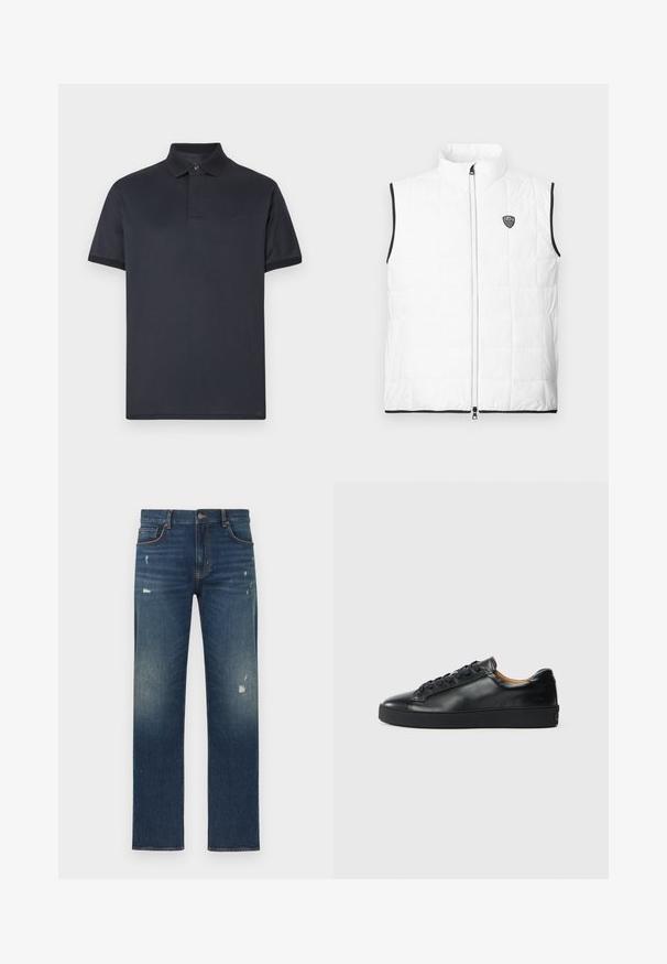 Veste matelassée blanche sans manches avec col montant, bordure noire aux emmanchures et à l'ourlet, fermeture éclair à l'avant et petit logo EA7 sur la poitrine.; Polo bleu marine en coton doux. Il présente un col classique, des manches courtes et un logo discret sur la poitrine.; Jean en denim bleu avec une coupe droite, présentant un léger effet usé et décoloré, cinq poches et une fermeture par bouton à la taille.; Baskets en cuir noir avec une texture lisse, bout rond et fermeture à lacets. Comprend une semelle en caoutchouc épaisse et un minimum de détails de marque.