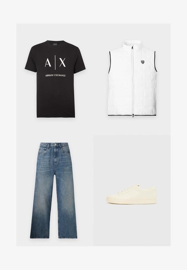 Veste matelassée blanche sans manches avec col montant, bordure noire aux emmanchures et à l'ourlet, fermeture éclair à l'avant et petit logo EA7 sur la poitrine.; T-shirt en coton noir avec les initiales "A|X" et "ARMANI EXCHANGE" imprimées en blanc. Col rond avec manches courtes.; Jean large en denim bleu à taille haute, avec une légère décoloration, cinq poches et une fermeture à bouton en métal à l'avant.; Baskets couleur crème avec une tige en cuir lisse, bout arrondi, laçage à l'avant et semelle en caoutchouc texturée. Design minimaliste, sans logo.
