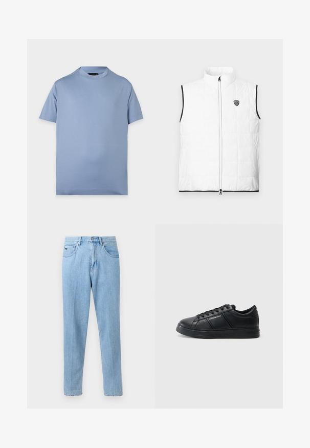 Veste matelassée blanche sans manches avec col montant, bordure noire aux emmanchures et à l'ourlet, fermeture éclair à l'avant et petit logo EA7 sur la poitrine.; T-shirt uni bleu clair à manches courtes et col rond avec un petit logo discret sur la partie gauche de la poitrine sur fond blanc.; Jean en denim bleu clair à coupe droite avec poches avant, passants de ceinture et fermeture à bouton sur un fond neutre.; Baskets en cuir noir avec une finition lisse, bout arrondi, fermeture à lacets, col rembourré et accents latéraux texturés. Détail du logo subtil visible.