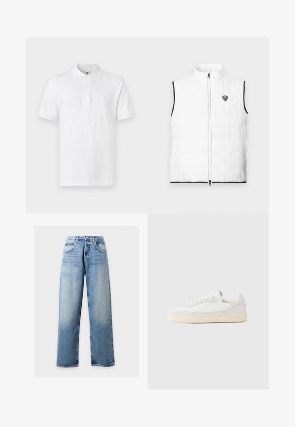 Chaleco acolchado blanco sin mangas con cuello alto, ribete negro en las sisas y el dobladillo, cremallera frontal y pequeño logo EA7 en el pecho.; Camiseta polo blanca de algodón, con un cuello clásico, mangas cortas y un sutil logo bordado en el pecho.; Vaqueros de pierna ancha en azul claro con bolsillos delanteros, trabillas para el cinturón y cierre de botón sobre un fondo liso.; Zapatilla blanca con parte superior texturizada de ante y cuero. Presenta una puntera redondeada, cierre con cordones y suela de goma beige contrastante.