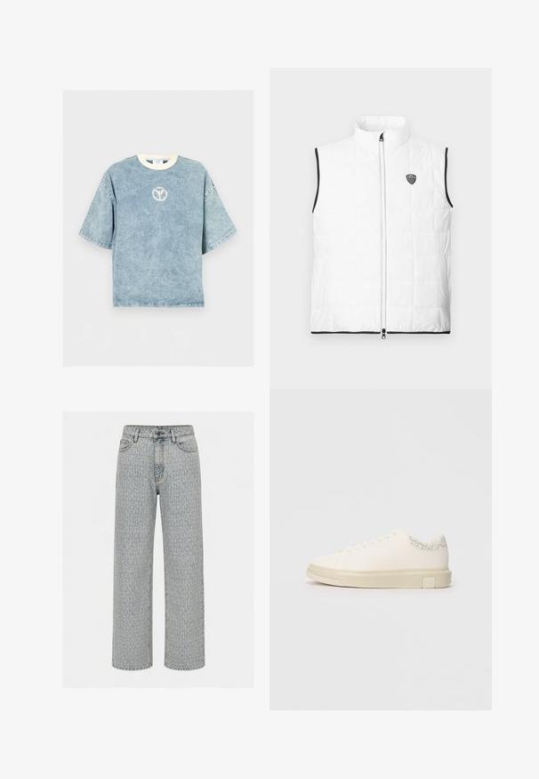 Veste matelassée blanche sans manches avec col montant, bordure noire aux emmanchures et à l'ourlet, fermeture éclair à l'avant et petit logo EA7 sur la poitrine.; T-shirt oversize bleu délavé à manches courtes avec une encolure ronde blanche et un petit logo circulaire délavé sur la poitrine.; Jean bleu clair à jambe droite avec un subtil motif texturé sur toute la surface, fermeture avant par bouton et zip, et passants pour ceinture.; Sneaker blanc avec une tige en toile lisse, des lacets plats, un col rembourré et un accent gris texturé à l'arrière. Semelle en caoutchouc épaisse.