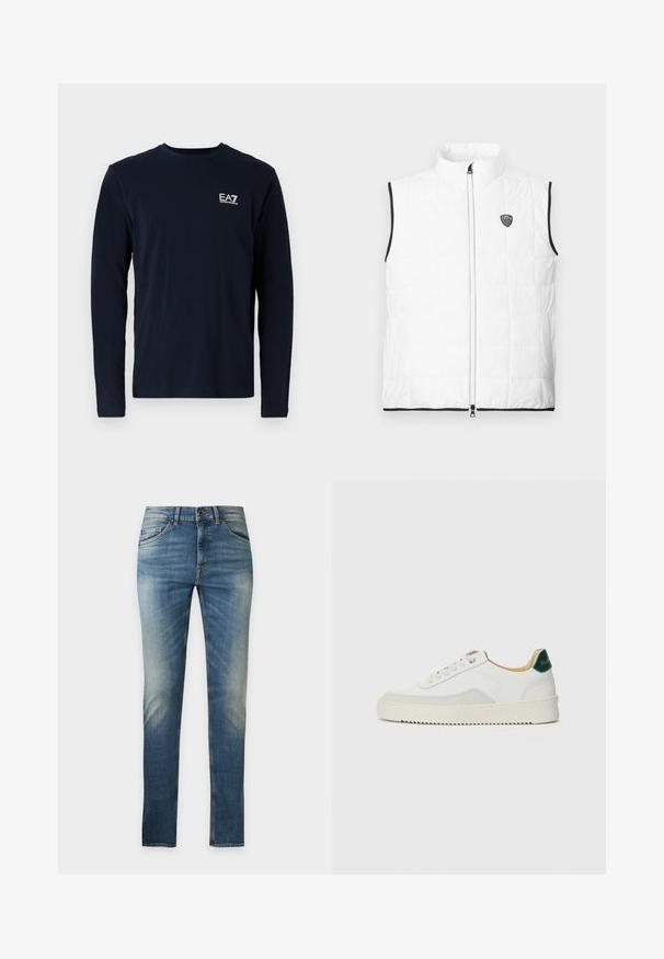 Chaleco acolchado blanco sin mangas con cuello alto, ribete negro en las sisas y el dobladillo, cremallera frontal y pequeño logo EA7 en el pecho.; Camiseta de manga larga azul marino de algodón, con cuello redondo y un pequeño logo blanco de EA7 en el lado izquierdo del pecho. Textura suave.; Vaqueros ajustados azul descoloridos con bolsillos delanteros y cierre de botón sobre un fondo liso claro.; Zapatilla blanca con acentos de ante, puntera redondeada, cordones planos y suela de goma color crema. Presenta un logo verde en el talón.