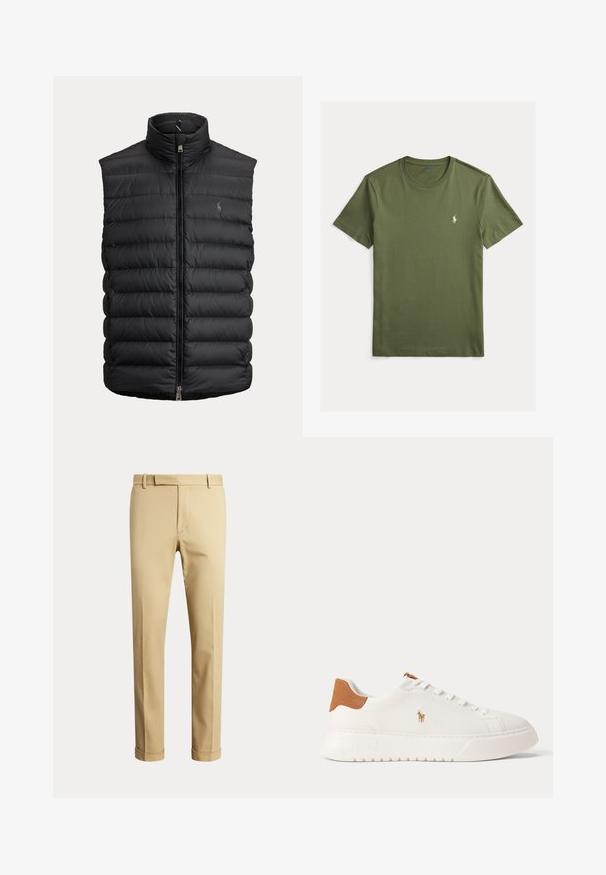 Zwarte doorgestikte mouwloze bodywarmer met een ritssluiting aan de voorkant en een hoog kraagje, met een klein geborduurd logo op de linkerborst.; Olijf groene katoenen t-shirt met een ronde hals en korte mouwen. Heeft een klein, wit geborduurd logo op de borst. Gladde textuur.; Beige op maat gemaakte herenbroek met riemlussen en omgeslagen pijpen, getoond tegen een effen lichte achtergrond.; Witte lage sneaker met beige hieltab, witte veters en klein geborduurd polo spelerlogo aan de zijkant boven een dikke zool.