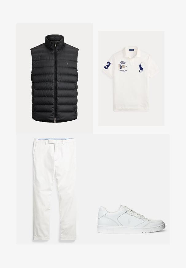 Sort quiltet ærmeløs vest med lynlås foran og høj krave, med lille broderet logo på venstre bryst.; Hvid polo-shirt med navyblåt nummer 3 på ærmet, navy polo-spillerslogo på brystet og yachtclub- og marinetur-patches foran.; Hvide bomulds-chinos med flad front, bæltestropper, sidelommer og en glat tekstur, med en blå indvendig linning.; Hvide lædersneakers med en glat tekstur, der har en perforeret tå, snørebåndslukning og broderet logo på siden. Hvid gummisål.