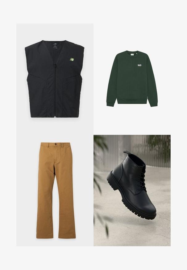 Veste sans manches noire avec fermeture éclair et petit logo New Balance jaune néon sur le côté gauche de la poitrine, en tissu léger.; Sweat-shirt vert foncé à manches longues et col rond avec un petit texte blanc et jaune clair « Cafe Los Drios » sur le côté gauche de la poitrine.; Pantalon marron à jambes droites avec passants de ceinture, bouton devant et poches latérales présenté sur un fond blanc uni.; Bottines en cuir noir avec un bout rond, un laçage, et une semelle en caoutchouc robuste. Texture lisse avec une languette à l'arrière.