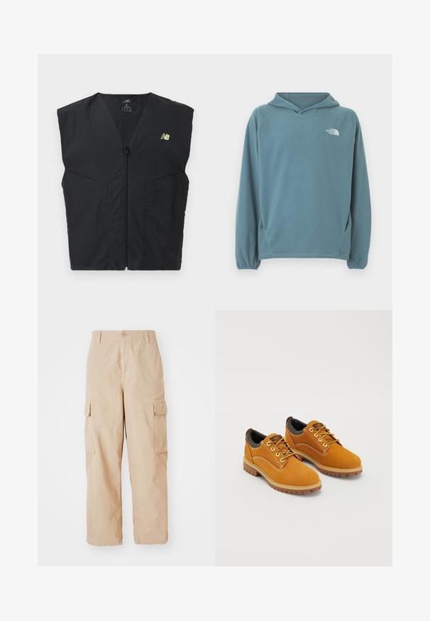 Sort ærmeløs vest med lynlås og en lille neon gul New Balance-logo på venstre bryst, lavet af letvægtsstof.; Blå fleecetrøje med kængurulomme, snøre i hætten og elastiske manchetter. Har hvidt logo på brystet. Glat tekstur.; Beige cargo bukser med afslappet pasform, lavet af letvægtsstof, med to sidelommer og en knaplukning i taljen.; Brune ruskindssko med rund tå, gule snørebånd, en polstret sort krave og gummisåler med skridsikre riller.