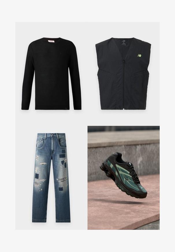 Sort ærmeløs vest med lynlås og en lille neon gul New Balance-logo på venstre bryst, lavet af letvægtsstof.; Sort striktrøje med lange ærmer og rund hals. Subtil tekstur og en lille logo detalje på brystet. Klassisk og alsidig design.; Denim jeans med slidte lapper og varierende nuancer af blå, med en lige benudskæring og traditionelt fem-lomme design.; Herres atletiksko i sort med grønne accenter, med en mesh-overdel, teksturerede overlays og et karakteristisk polstret hældesign.