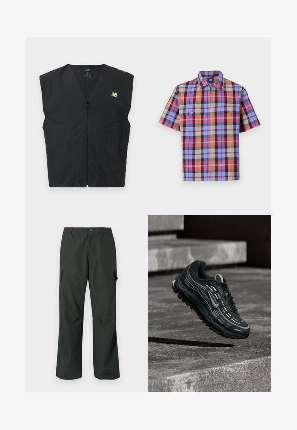 Chaleco sin mangas negro con cremallera y un pequeño logo de New Balance en neón amarillo en el lado izquierdo del pecho, hecho de tela ligera.; Camisa de cuadros de manga corta en varios colores, incluyendo azul, rojo y marrón, con dos bolsillos en el pecho y un cuello recto.; Pantalones cargo verde oscuro con un corte relajado, cintura elástica, bolsillos cosidos y una textura de tela suave y ligera.; Zapatilla Nike Air Max negra y gris flotando sobre escalones de hormigón gris con fondo de suelo texturizado.