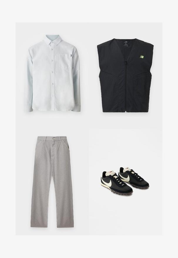 Zwarte mouwloze vest met ritssluiting en een klein neon geel New Balance-logo op de linkerborst, gemaakt van lichtgewicht stof.; New Balance OXFORD - Overhemd - blue; Herenbroek met verticale zwart-witte dunne strepen, vooraan sluiting met knopen, riemlussen en zijzakken.; Zwarte sportieve schoenen met een gestructureerde bovenkant, witte swoosh-logo en rubberen zool met kleine noppen voor grip. Crèmekleurige kraag.