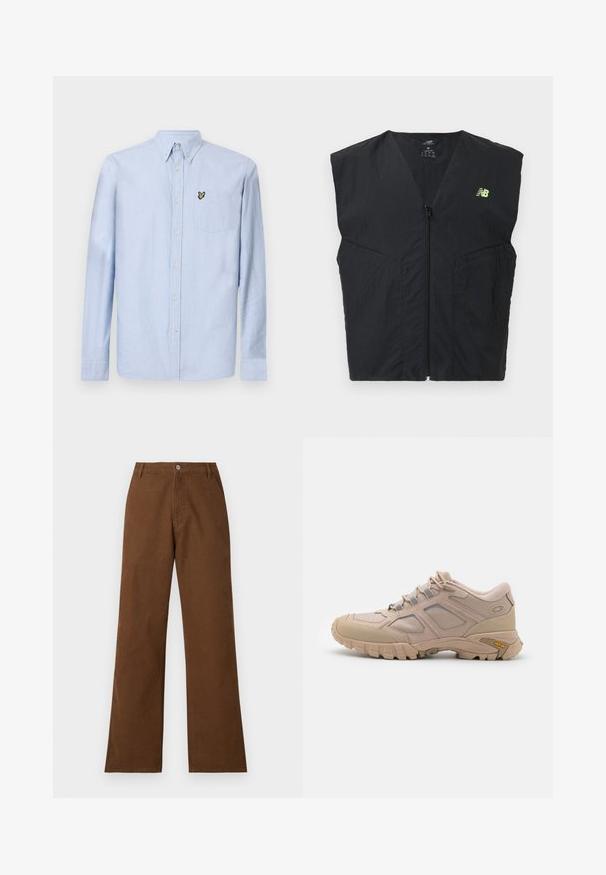 Sort ærmeløs vest med lynlås og en lille neon gul New Balance-logo på venstre bryst, lavet af letvægtsstof.; Lysblå langærmet skjorte med nedknappet krave, forlommer og broderet logo. Fremstillet af struktureret bomuldsstof.; Brune bomuldsbukser med lige ben, knaplukning og to forlommer. Glat tekstur uden synlige mønstre eller udsmykninger.; Beige sportsko med en tekstureret mesh-overdel, syntetisk overlay og en Vibram-sål. Har snøresystem og detaljer på sidepanelet.
