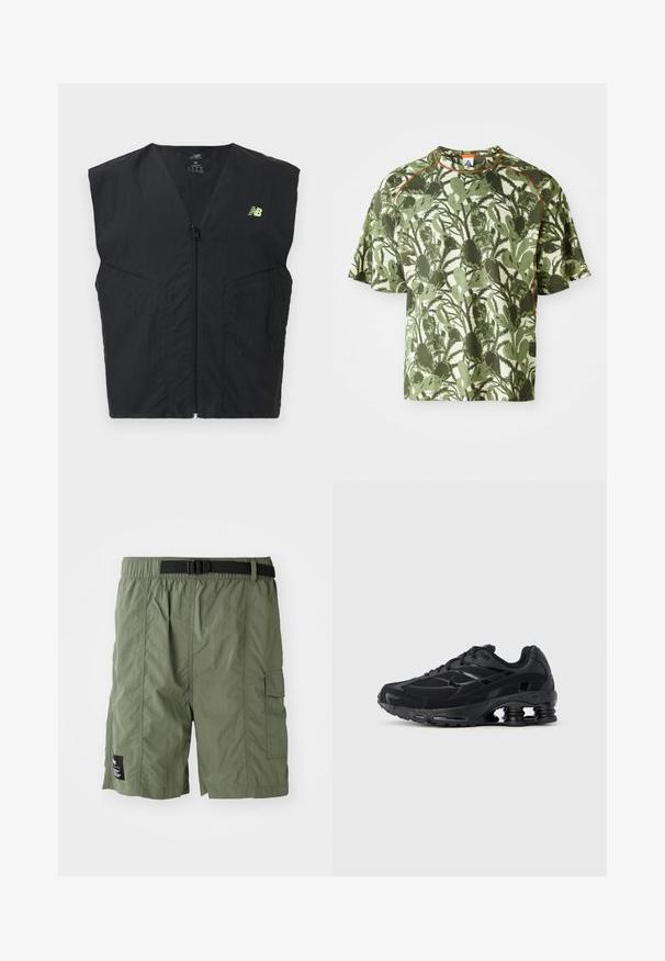 Veste sans manches noire avec fermeture éclair et petit logo New Balance jaune néon sur le côté gauche de la poitrine, en tissu léger.; T-shirt vert à manches courtes avec un motif de feuilles texturé, présentant un accent orange au col et une coupe décontractée. Fabriqué en matériau respirant.; Shorts cargo vert olive avec une taille élastique et une boucle noire. Ils disposent d'une poche latérale et d'un tissu texturé.; Chaussure de sport noire avec une tige en mesh, un col rembourré et une technologie d'amorti proéminente au talon. Caractérisée par des accents texturés et des lacets.