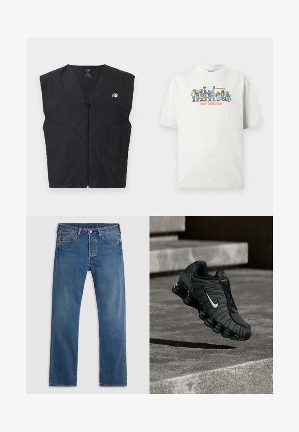 Sort ærmeløs vest med lynlås og en lille neon gul New Balance-logo på venstre bryst, lavet af letvægtsstof.; Lysegrå T-shirt med farverige tegneserie-robotfigurer, der spiller basketball over rød "new balance" tekst.; Blå straight-leg denimjeans med fem lommer, bæltestropper og lukning med knap og lynlås foran på en ensfarvet baggrund.; Nike sportsko i mørkegrøn, med en glat syntetisk overdel, mesh-struktur, sorte snørebånd og en blank sål med air-dæmpning.