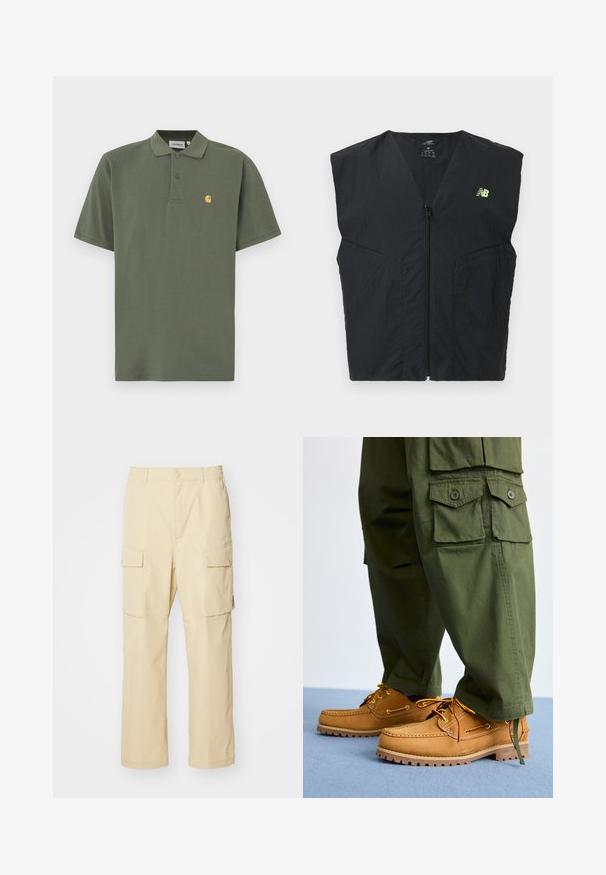 Veste sans manches noire avec fermeture éclair et petit logo New Balance jaune néon sur le côté gauche de la poitrine, en tissu léger.; Polo vert olive en coton, avec un col à revers, deux boutons et un petit logo jaune sur le côté gauche de la poitrine. Manches courtes.; Pantalons cargo beiges en tissu avec une taille élastique et une fermeture à bouton. Dotés de deux poches latérales et d'un design simple.; Timberland AUTHENTIC 3 EYE - Chaussures bateau - wheat