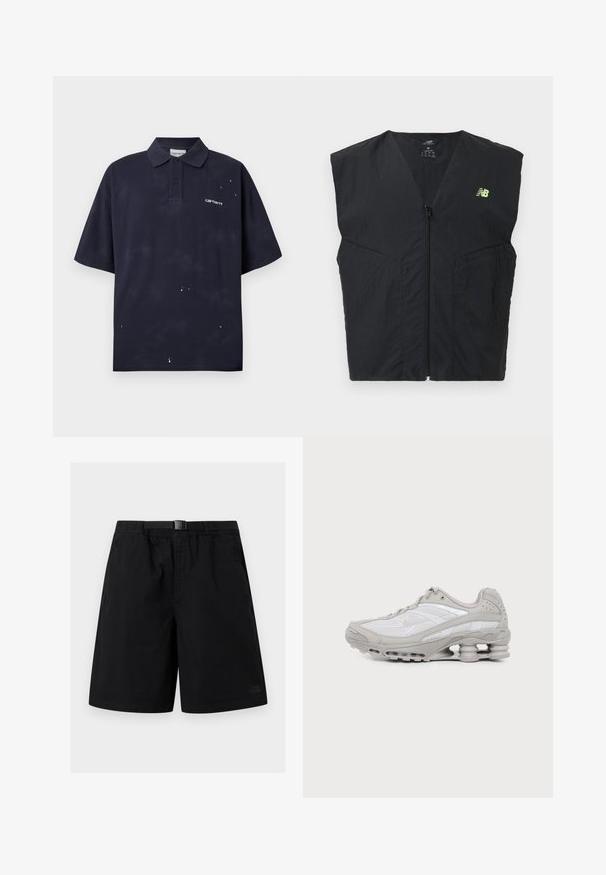 Veste sans manches noire avec fermeture éclair et petit logo New Balance jaune néon sur le côté gauche de la poitrine, en tissu léger.; Polo noir à manches courtes avec de petites éclaboussures de peinture blanche et un petit logo Carhartt blanc sur la poitrine gauche.; Shorts noirs à hauteur de genou avec ceinture réglable intégrée et poches latérales, comportant un logo subtil The North Face sur la partie inférieure de la jambe gauche.; Chaussure de sport grise et blanche avec des panneaux en mesh, un design à lacets et une semelle unique en forme de ressort pour amorti et soutien.