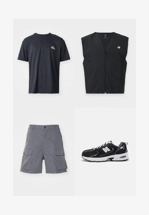 Schwarze ärmellose Weste mit Reißverschluss und kleinem neongelben New Balance Logo auf der linken Brust, aus leichtem Stoff gefertigt.; Schwarzes T-Shirt mit kurzen Ärmeln aus einem glatten Stoff, mit einem kleinen weißen Logo auf der linken Brustseite. Reguläre Passform mit Rundhalsausschnitt.; Carhartt WIP BALTO - Shorts - graphite; Schwarze und graue Sportschuhe mit Obermaterial aus Mesh und Wildleder, ausgestattet mit einer weißen Zwischensohle, Schnürsenkeln und einem markanten "N"-Logo an der Seite.