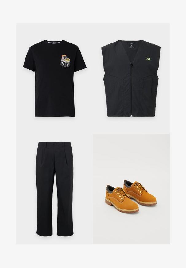 Čierna bezrukávová vesta na zips s malým neónovo žltým logom New Balance na ľavej strane hrudníka, vyrobená z ľahkej tkaniny.; Čierne bavlnené tričko s krátkymi rukávmi, ktoré na ľavej strane hrude zobrazuje malú grafiku debny plnej farebných predmetov.; Čierne nohavice so priamym strihom, s prehybmi na prednej strane, s gombíkovým uzáverom a hladkou textúrou látky.; Hnedé semišové topánky s okrúhlou špičkou, žltými šnúrkami, polstrovaným čiernym golierom a gumovou podrážkou s trakčnými drážkami.