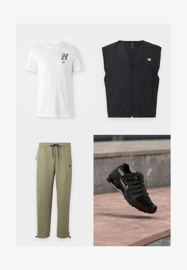 Zwarte mouwloze vest met ritssluiting en een klein neon geel New Balance-logo op de linkerborst, gemaakt van lichtgewicht stof.; Witte katoenen t-shirt met een camouflagedessineerde "N" logo en een klein paars Nike swoosh op de borst. Klassiek ontwerp met een ronde hals.; Olijfgroene Nike trainingsbroek met zwarte trekkoorden, een zijzak met rits, kniepad en verstelbare enkellinten.; Zwarte Nike Shox hardloopschoen met wit swoosh-logo, zwevend boven een roze betonoppervlak tegen een grijze stenen muur als achtergrond.