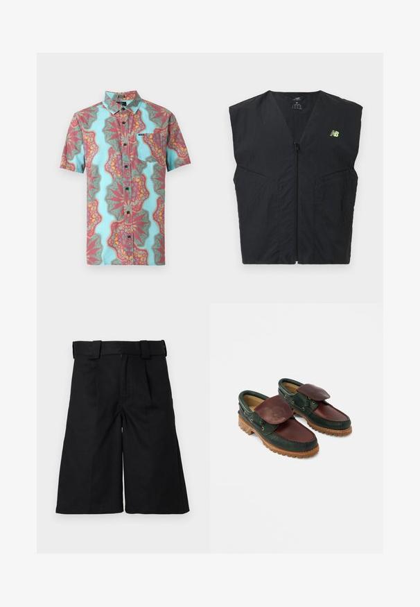 Veste sans manches noire avec fermeture éclair et petit logo New Balance jaune néon sur le côté gauche de la poitrine, en tissu léger.; Chemise à manches courtes boutonnée avec col, présentant un motif abstrait coloré en turquoise, rouge, jaune, et une poche poitrine avant avec une petite étiquette.; Shorts noirs amples mi-mollet avec passants de ceinture et taille haute, présentés sur fond blanc.; Chaussures en cuir avec un corps vert foncé, un dessus bordeaux, un bout rond, un rabat sécurisé et une semelle en caoutchouc texturée avec des rainures.
