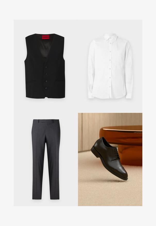 Schwarze Weste mit V-Ausschnitt, fünf Knöpfen und zwei aufgesetzten Taschen. Hergestellt aus glattem Stoff mit einem eleganten, maßgeschneiderten Erscheinungsbild.; Weißes, langärmliges Hemd aus Baumwolle mit Knöpfen. Verfügt über einen spitzen Kragen und ein kleines, gesticktes Logo auf der Brust. Glatte Textur.; Maßgefertigte dunkelgraue Hosen aus einem glatten, strukturierten Stoff; mit flacher Vorderseite und geraden Beinen; minimalistisches Design ohne sichtbare Akzente.; Schwarzer Lederschuh mit Schnürsenkeln, der über einem beigen Teppich schwebt, im Hintergrund ein orangefarbener runder Tisch.