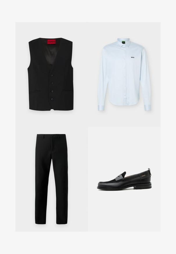 Čierny vest s výstrihom do V, zapínaním na päť gombíkov a dvoma prednými vreckami. Vyrobený z hladkej tkaniny s elegantným, prispôsobeným vzhľadom.; Svetlomodrá košeľa s dlhým rukávom, zapínaná na gombíky, s golierom, čiernym logom "BOSS" na ľavej strane na hrudi a gombíkmi na manžetách.; Čierne nohavice vyrobené z hladkej tkaniny, s gombíkovým zapínaním, rovnými nohavicami a bez viditeľných vzorov, s čistými líniami.; Čierny kožený mokasín so sivým remienkom, nízkym podpätkom a textúrovanou podrážkou, so značkou "HUGO" v zlatej farbe na boku.