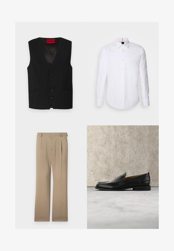 Chaleco negro con diseño de cuello en V, cierre de cinco botones y dos bolsillos frontales. Hecho de una tela suave con una apariencia elegante y entallada.; Camisa blanca de manga larga y corte clásico, hecha de algodón, que presenta un cuello clásico, un logo sutil cerca del pecho y botones blancos.; Pantalones beiges de tela liviana, con un diseño de pierna recta, doble pinzas y dobladillos enrollados para un ajuste relajado.; Mocasín de cuero negro para hombre con empeine grabado en relieve de cocodrilo y tacón bajo, mostrado de perfil sobre un fondo neutro.