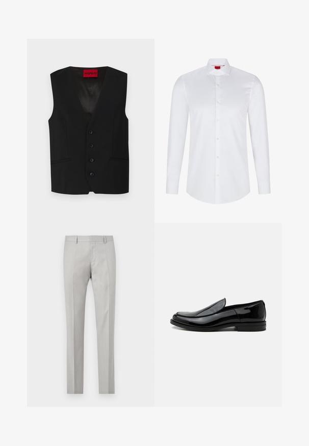 Chaleco negro con diseño de cuello en V, cierre de cinco botones y dos bolsillos frontales. Hecho de una tela suave con una apariencia elegante y entallada.; Camisa blanca de manga larga con botones, hecha de algodón suave. Presenta un cuello clásico, una botonera completa y un dobladillo redondeado.; Pantalones ajustados de color gris claro con una textura suave, frente plano y dos bolsillos laterales. Presentan piernas rectas y detalles de pliegue sutiles.; Zapato de vestir negro de piel brillante tipo slip-on con tacón bajo y punta redondeada, visto de lado sobre un fondo blanco liso.