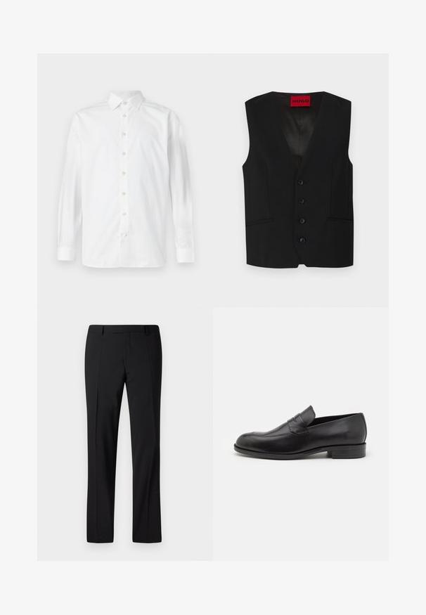 Schwarze Weste mit V-Ausschnitt, fünf Knöpfen und zwei aufgesetzten Taschen. Hergestellt aus glattem Stoff mit einem eleganten, maßgeschneiderten Erscheinungsbild.; Weißes langärmeliges Hemd mit Knopfleiste, verbreitetem Kragen und geknöpften Manschetten, auf weißem Hintergrund dargestellt.; Schwarze, maßgeschneiderte Hose mit geradem Bein, ausgestattet mit einer glatten Textur, gefaltetem Vorderteil und einem klassischen Bund für ein formelles Erscheinungsbild.; Schwarze Leder-Lenkradschuhe mit abgerundeter Zehenpartie und subtilen Nähdetails. Glatte Textur und niedriger Absatz mit Branding auf der Rückseite.